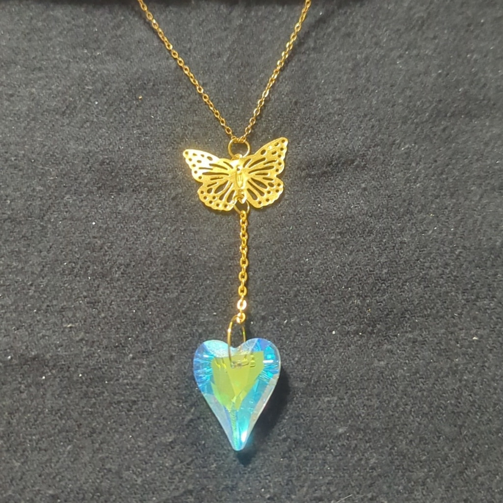 Gold Tone Butterfly Heart Clear Faceted Crystal Pendant Statement Necklace